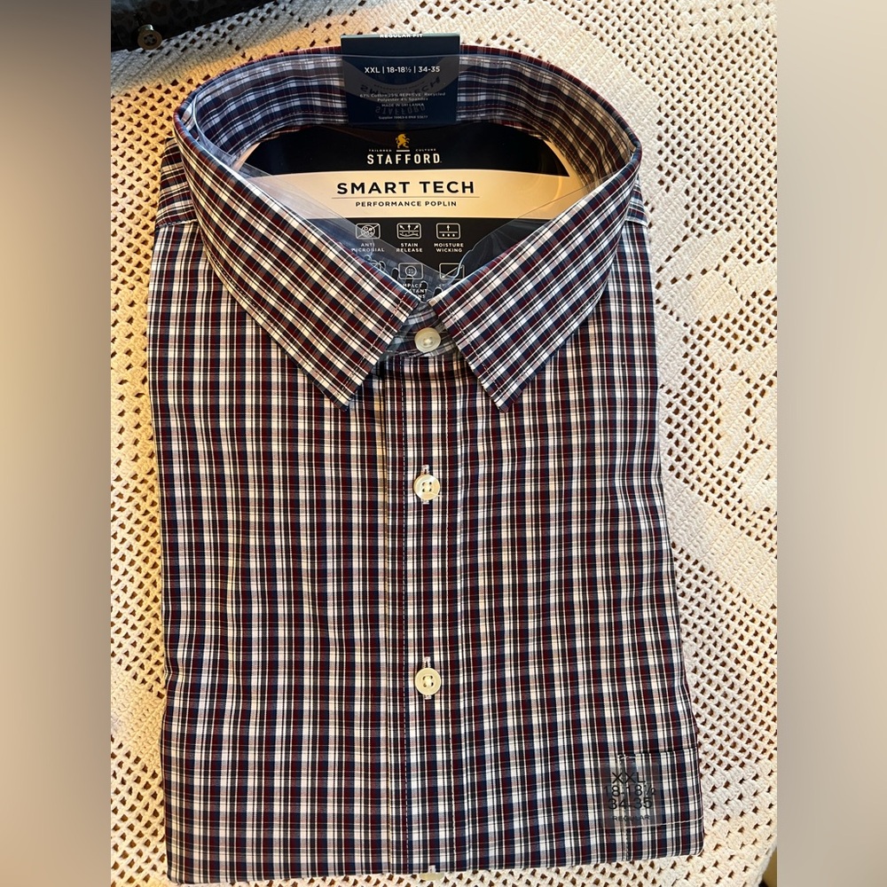 NWT Stafford Men's Smart Tech Poplin Shirt Long Sleeve Burgandy Plaid #0734